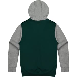 A hooded jumper featuring a green body and grey sleeves, with a double-lined hood and a logo.