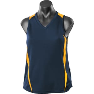 A sleeveless navy singlet featuring yellow side stripes and a v-neck design, displayed on a mannequin.