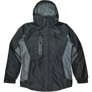 A dark grey and light grey men's jacket featuring a hood and zippered pockets, with a logo on the chest.