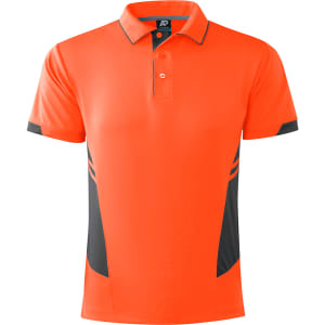 A vibrant orange polo shirt featuring dark grey accents and a logo on the collar. Suitable for casual wear.