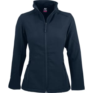 A soft shell jacket in navy blue with a zip front and side pockets, featuring a logo.