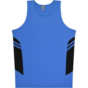 A blue singlet with black side panels and a branding logo on the upper section.