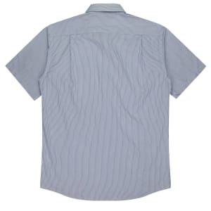 Short-sleeve button-up shirt in light blue with a subtle stripe pattern, featuring a back yoke and branding.