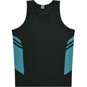 A black singlet featuring teal accents on the sides and a logo on the front.
