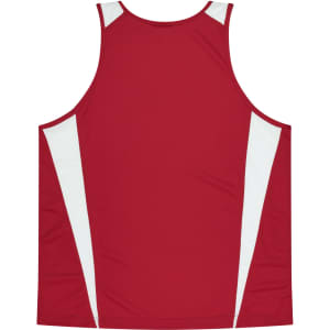 A red singlet featuring white side panels and a logo on the back.