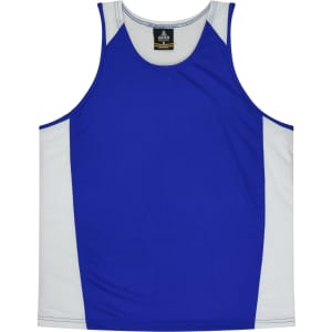 A blue and white singlet with a logo on the label. It features a sporty design.