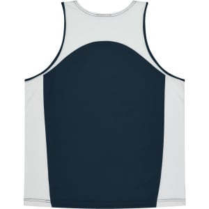 A dark green and light grey singlet with a rounded back design. It features a logo on the front.