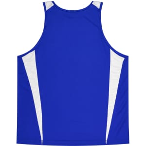 A blue singlet with white accents, featuring a logo on the back. Suitable for casual wear or active use.