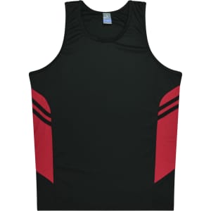 A black singlet with red side panels and a logo. Suitable for kids and designed for comfort.