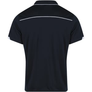 A navy blue polo shirt with contrasting white detailing, featuring a classic collar and short sleeves.