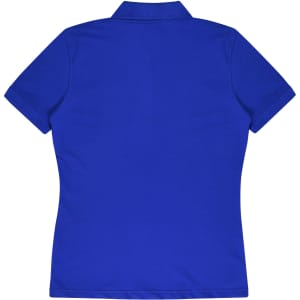 A blue women's polo shirt with a collar and short sleeves, featuring a logo on the back.