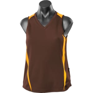 A brown singlet with orange accents, featuring a v-neck design and a logo on the side. Suitable for sports or casual wear.