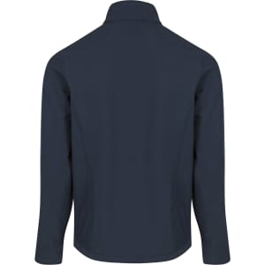 A soft shell jacket in navy blue with a collar and long sleeves, featuring a logo on the back.