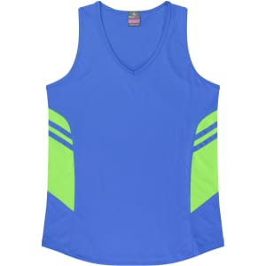 A blue singlet with green accents and a logo, featuring a V-neck design and athletic styling.