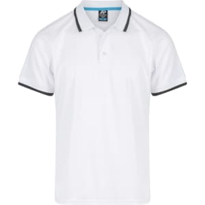 A white polo shirt with black trim and a logo on the label.