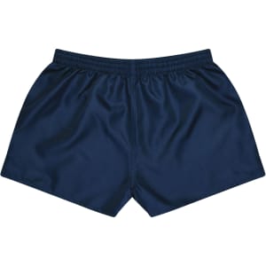Navy blue rugby shorts with an elastic waistband and a smooth fabric finish, featuring a logo on the waistband.