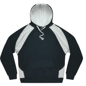 A black and white men's hoodie featuring a front pocket and a drawstring hood. It includes a logo.