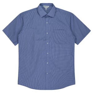 A short-sleeve, button-up shirt in blue gingham pattern with a chest pocket and a logo.