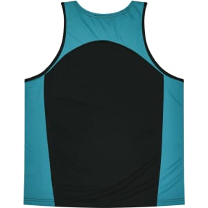 A teal and black singlet featuring a logo, designed for kids in a sleeveless style.