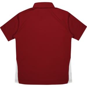 A red polo shirt with a white design on the sides and a collar. The back is plain with no logos.