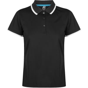 A black polo shirt featuring a classic collar and contrasting trim, complete with a logo.
