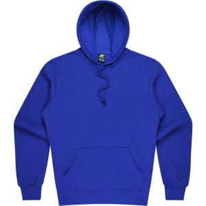 A vibrant blue men's hoodie featuring a front pocket and a drawstring hood. It has a branding label.