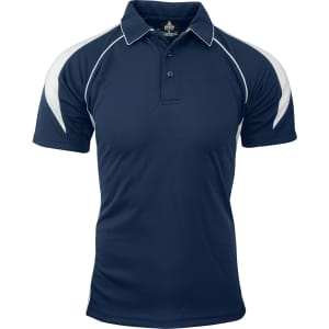 A navy polo shirt with white accents and a collar, featuring a logo on the front.