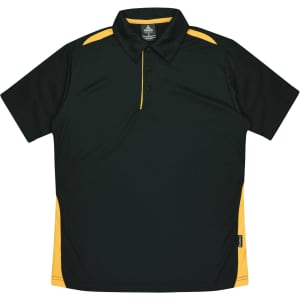A black polo shirt with yellow accents, featuring a collar and three buttons, along with a logo.