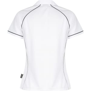 A white polo shirt featuring contrast stitching and a logo. The design includes a classic collar and short sleeves.