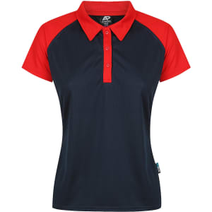 A polo shirt featuring a navy body and red sleeves, with a collar and button placket, plus a logo.