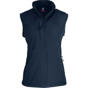 A navy blue vest featuring a high collar, front zip, and side pockets, with a logo on the chest.