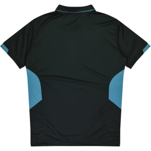 A dark green polo shirt featuring turquoise side panels and a collar. The shirt has a logo on it.