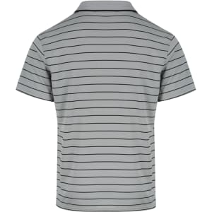 A grey polo shirt with horizontal stripes and a collar, featuring a logo on the upper back.