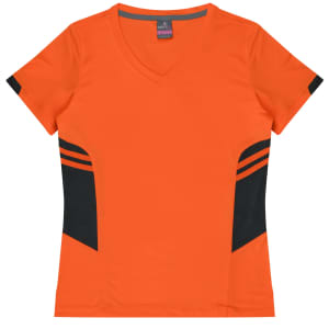 An orange V-neck T-shirt with black side panels and stripes. It features a logo on the label.