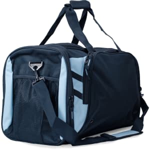 A dark blue and light blue duffle bag with multiple compartments and a shoulder strap. It has a logo.