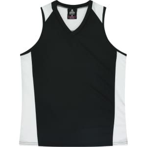 A black and white singlet featuring a V-neck design and contrasting side panels. Includes a logo on the front.