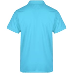 A polo shirt in light blue with a collar and short sleeves, featuring a logo on the back.