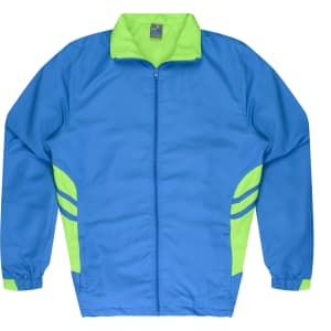 A blue jumper with a green collar and side accents, featuring a zip front and elastic cuffs.