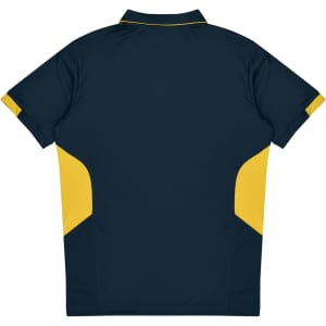 A navy blue polo shirt with yellow side panels and a logo. The shirt features a classic collar and short sleeves.