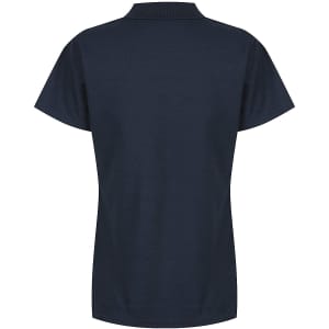 A navy blue polo shirt with a collar and a logo on the back, featuring short sleeves.