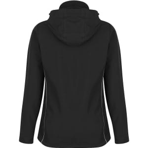 A soft shell jacket in black with a hood and white accents, featuring a logo on the back.