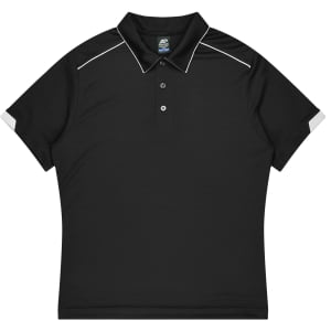 A black sports polo shirt with a collar, featuring white accents and a logo on the left sleeve.