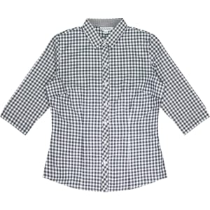 A black and white checked button-up shirt with 3/4 sleeves and a collar, featuring a subtle logo.