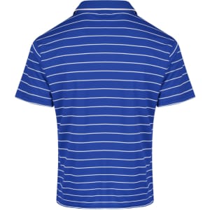 A blue polo shirt with white stripes, featuring a collar and short sleeves. The shirt has a logo on it.
