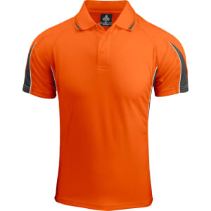 An orange polo shirt featuring grey accents and a logo. Suitable for casual or sporty wear.