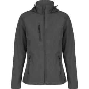 A women's soft shell jacket in dark grey, featuring a hood and zippered pockets, with a branding logo.