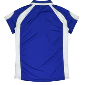 A blue and white polo shirt featuring a logo on the back, designed for women.