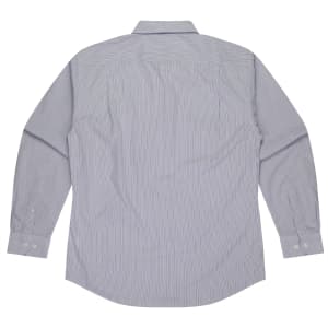 A long sleeve button-up shirt in blue and white stripes with a classic collar and cuffed sleeves. It has a logo.