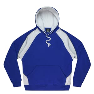 A blue and white hoodie featuring a kangaroo pocket and contrasting raglan sleeves, with a logo on the neckline.
