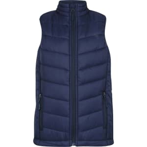 A navy blue puffer vest with a high collar and zippered front, featuring side pockets and a logo.